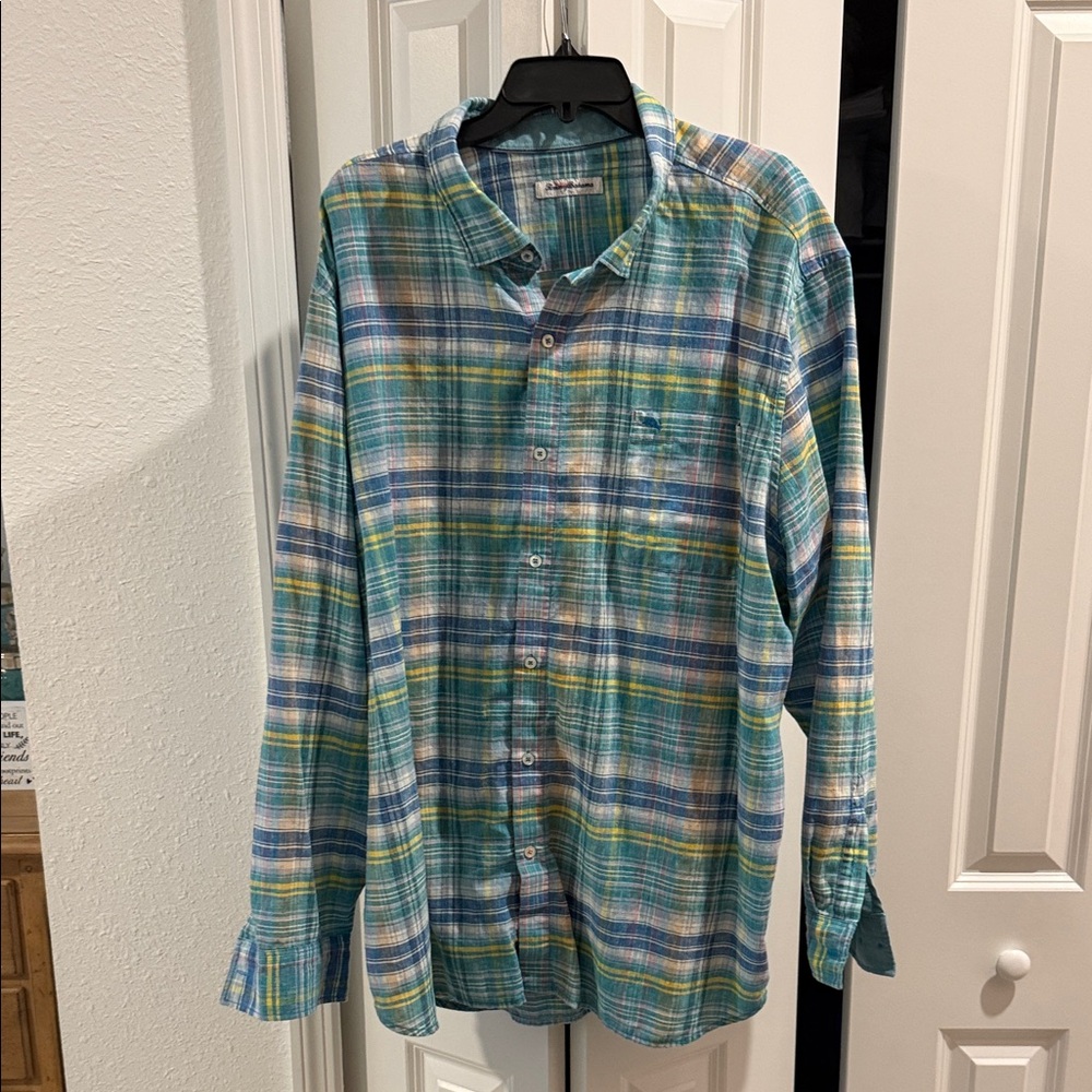 Tommy Bahama Blue and Green Plaid Shirt